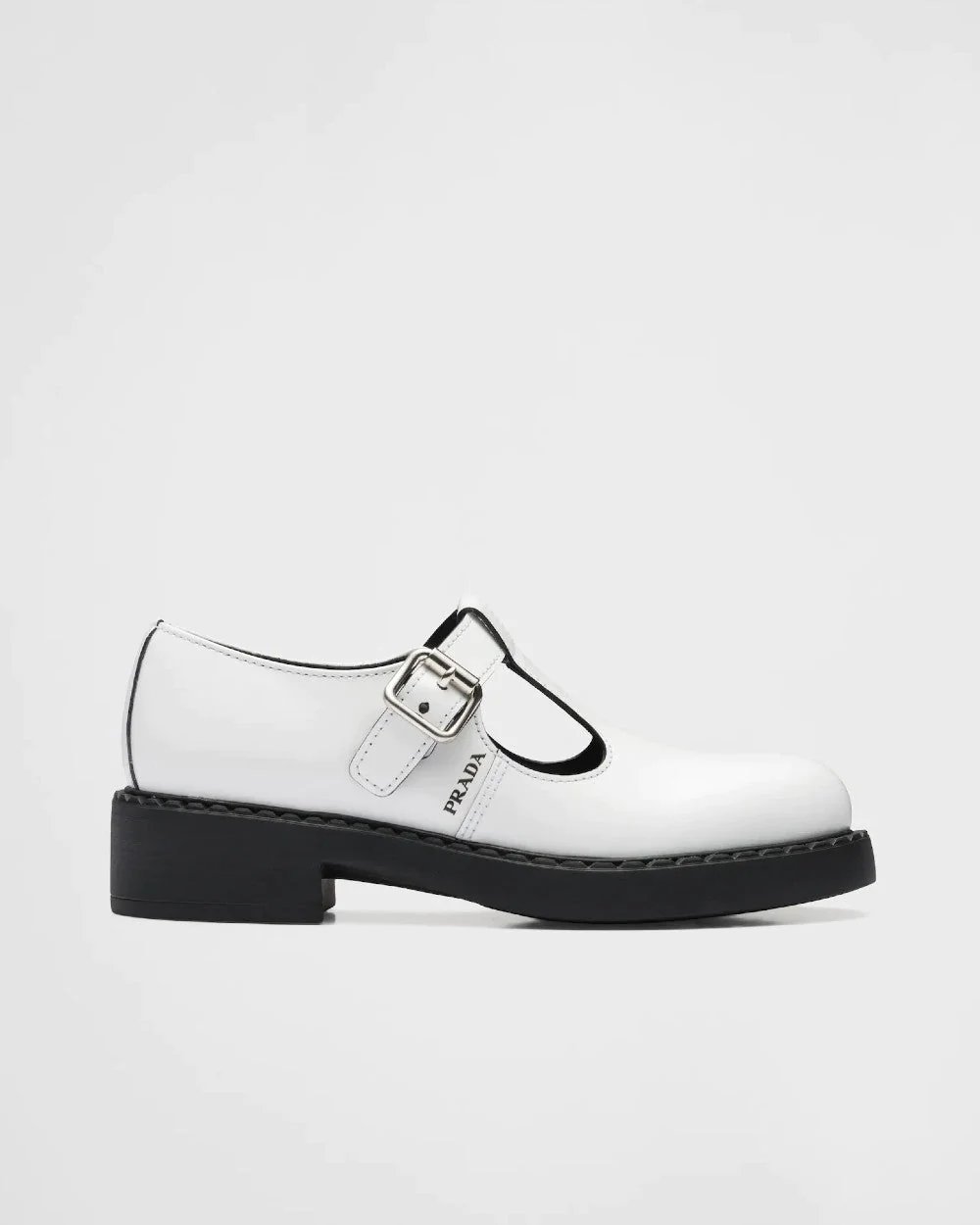 Prada White Brushed-Leather Mary Jane T-Strap Shoes-20243741
