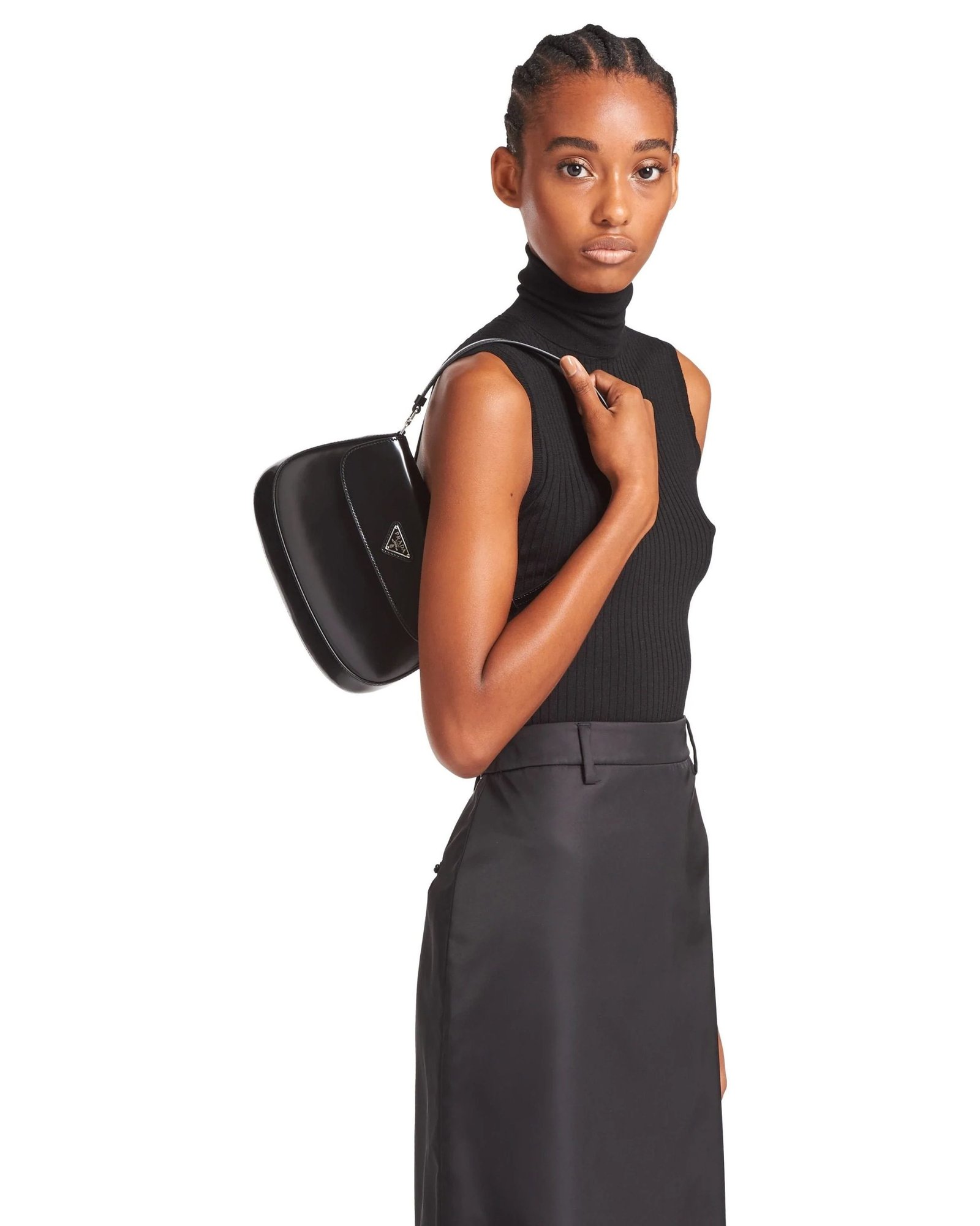 Alternative view of Prada Cleo Brushed Leather Shoulder Bag With Flap, Black