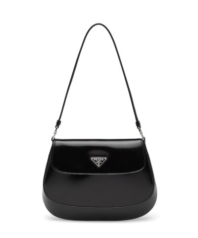 Prada Cleo Brushed Leather Shoulder Bag With Flap, Black-20253605