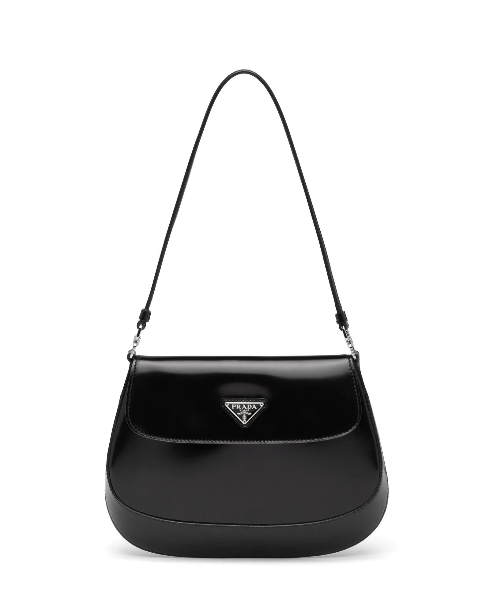 Prada Cleo Brushed Leather Shoulder Bag With Flap, Black-20253605