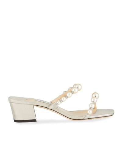 Jimmy Choo Amara 45 Metallic Pearly-Stud Slide Sandals-20252302