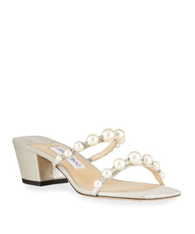 Jimmy Choo Amara 45 Metallic Pearly-Stud Slide Sandals-20252305