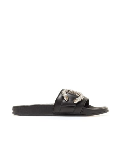 Jimmy Choo Fallon Black Nappa Leather Slides With Crystal Buckle-20251161