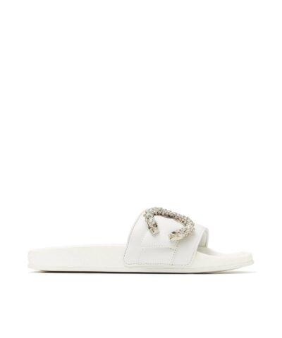Jimmy Choo Fallon White Nappa Leather Slides With Crystal Buckle-20251143