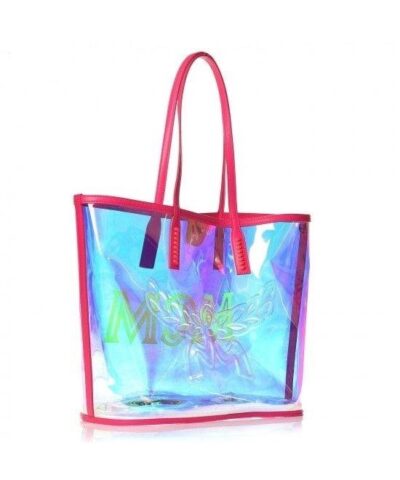 Alternative view of MCM Iridescent PVC Shopper Tote Neon Pink Hologram