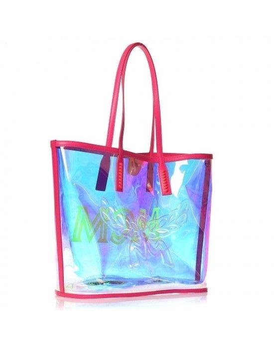 Alternative view of MCM Iridescent PVC Shopper Tote Neon Pink Hologram