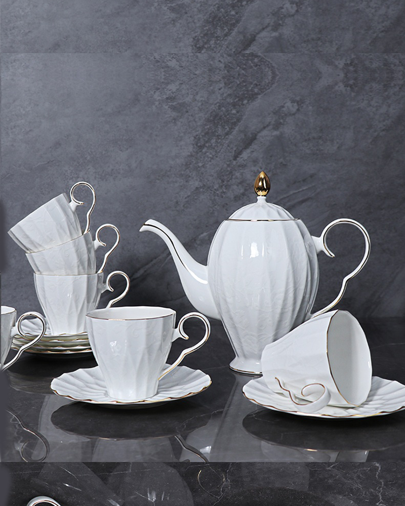 White Bone China Tea Set with Gold Decal, 19-Pieces (6 Teacup and Saucers, 1 Teapot) Set