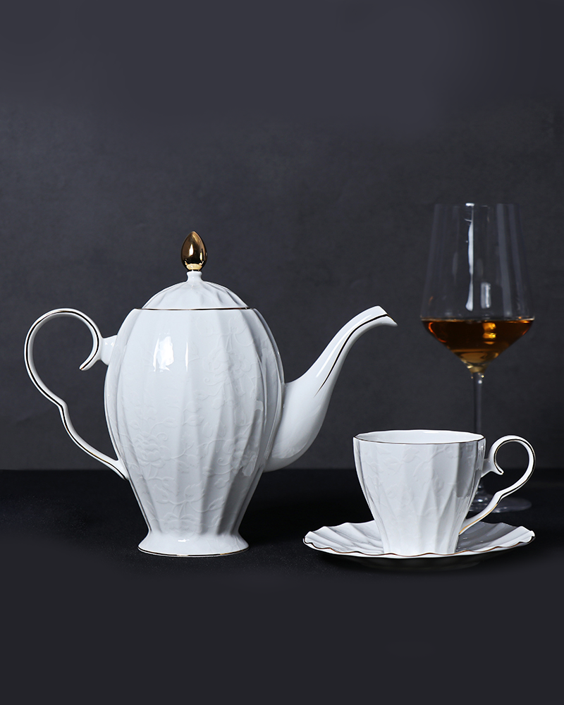Alternative view of White Bone China Tea Set with Gold Decal, 19-Pieces (6 Teacup and Saucers, 1 Teapot) Set