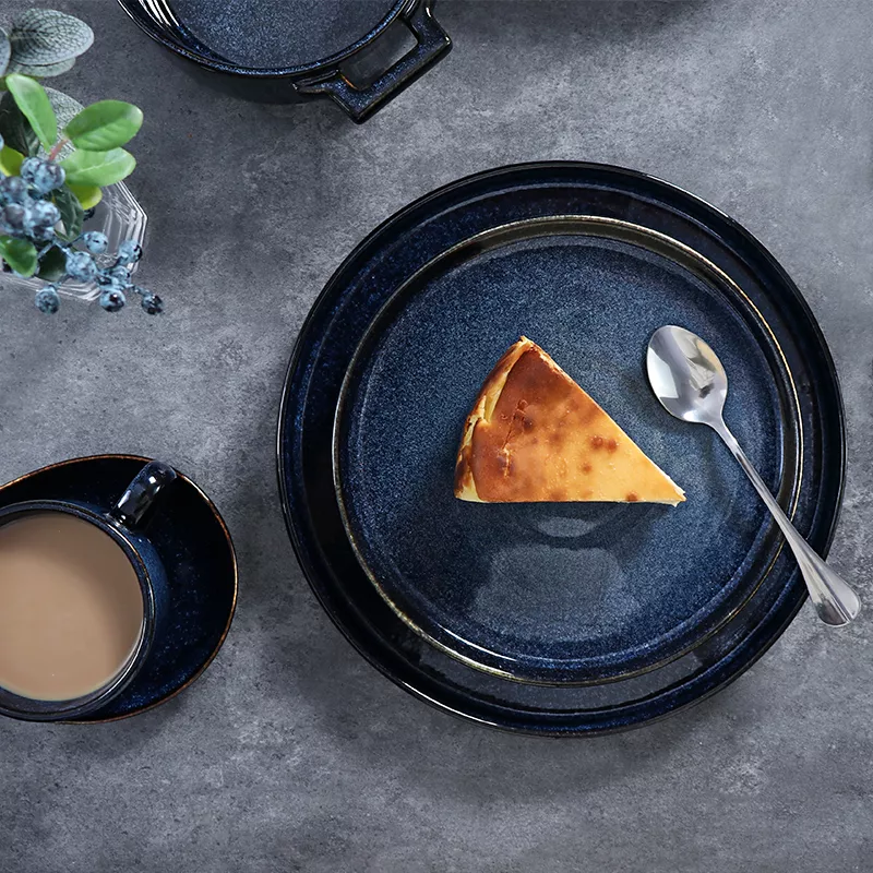 Alternative view of Western Style Deep Blue Ceramic Plates - Matte Finish Dinnerware & Rice Bowl Set