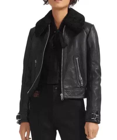 Basara Real Sheep Shearling-Collar Leather Moto Jacket-20276974