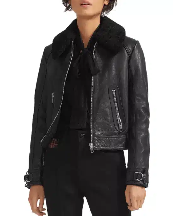 Basara Real Sheep Shearling-Collar Leather Moto Jacket-20276974