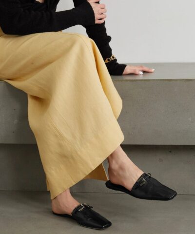 By Far Rado Buckled Creased Glossed Leather Slippers In Black 20244219 1