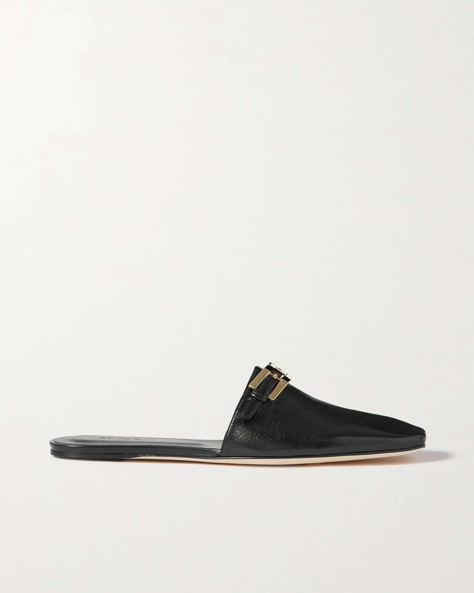 By Far Rado Buckled Creased Glossed-Leather Slippers In Black-20244219