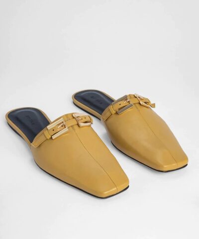 By Far Rado Buckled Creased Glossed Leather Slippers In Ochre 20244197 1