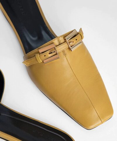 By Far Rado Buckled Creased Glossed Leather Slippers In Ochre 20244197 2