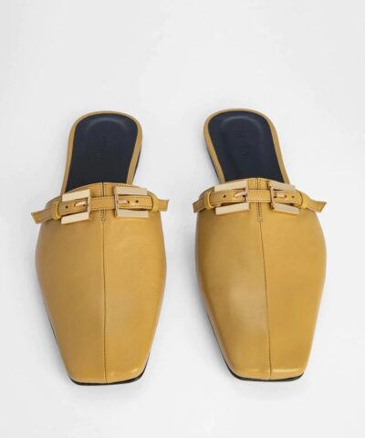By Far Rado Buckled Creased Glossed Leather Slippers In Ochre 20244197 3