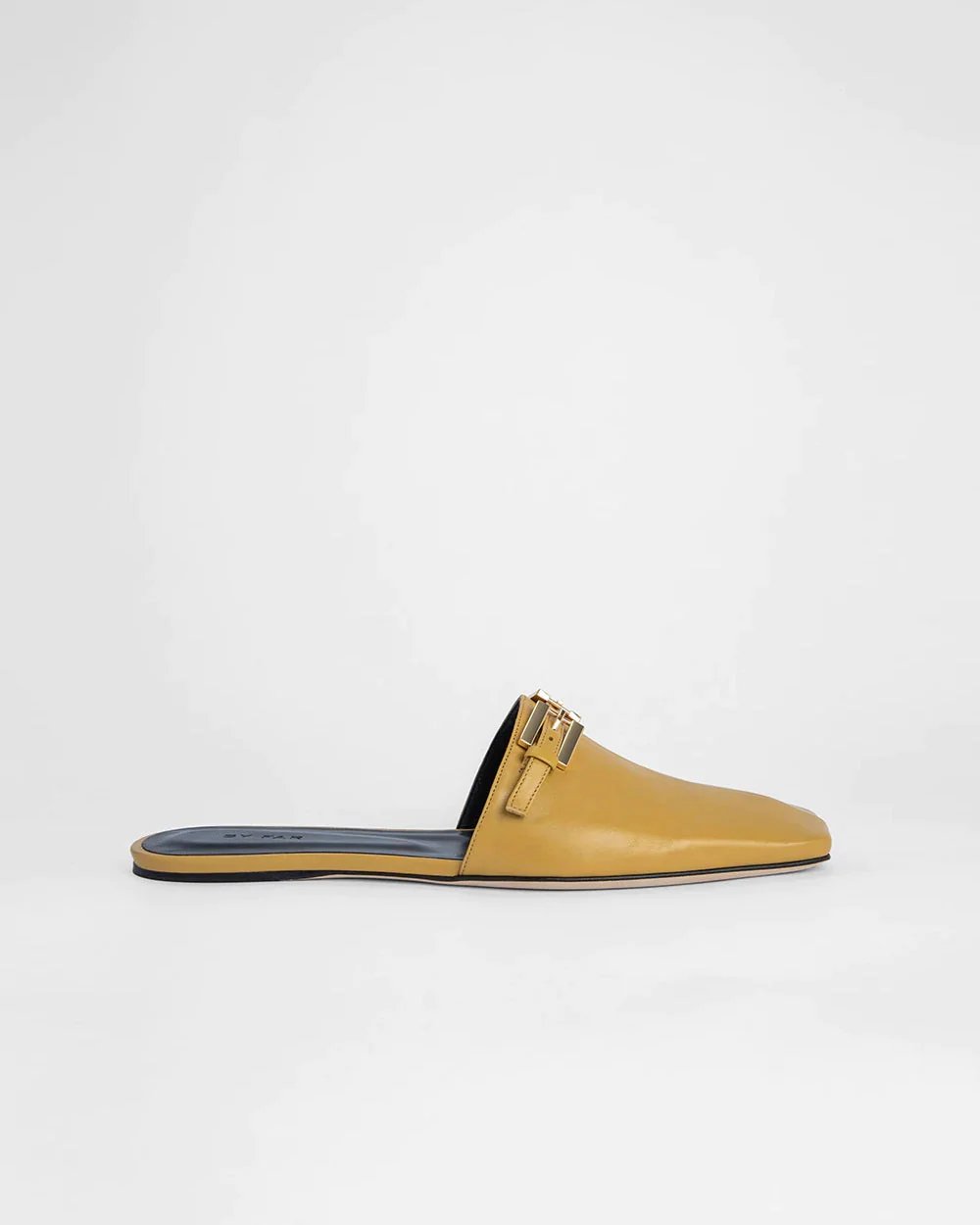 By Far Rado Buckled Creased Glossed-Leather Slippers In Ochre-20244197