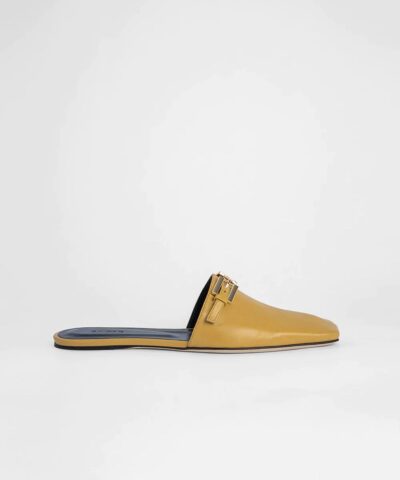 By Far Rado Buckled Creased Glossed-Leather Slippers In Ochre-20244198