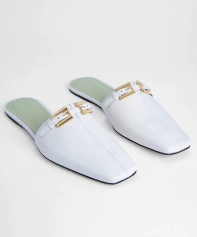 By Far Rado Buckled Creased Glossed Leather Slippers In White 20244207 2