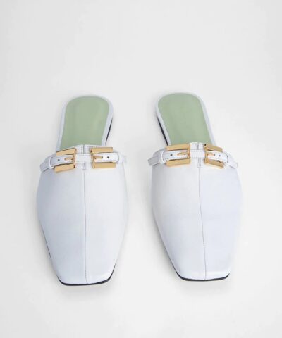 By Far Rado Buckled Creased Glossed Leather Slippers In White 20244207 3