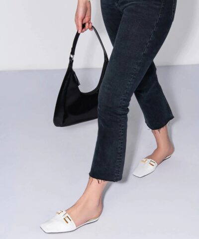 By Far Rado Buckled Creased Glossed Leather Slippers In White 20244207 5