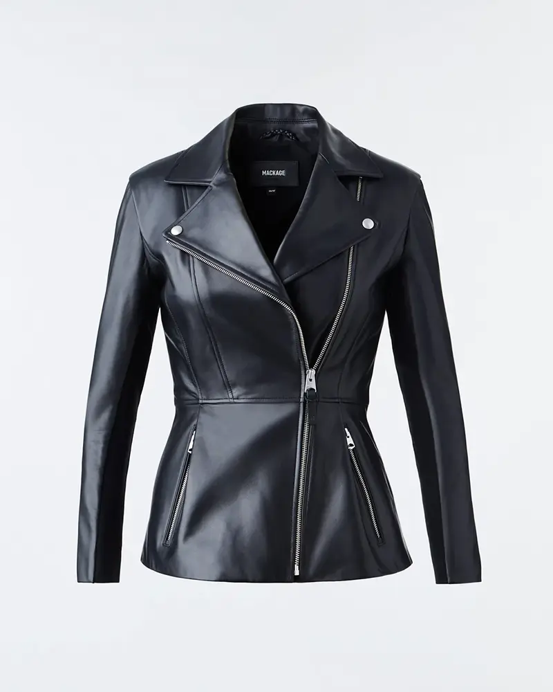 Mackage Day Leather Biker Jacket with Peplum Black