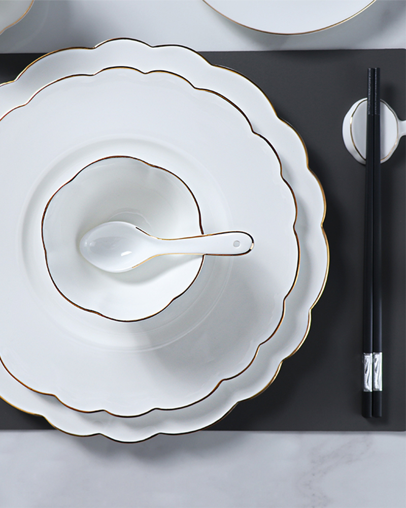 Alternative view of Luxury Fine Bone China Dinnerware Set with Gold Rim - White Plate Set