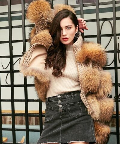 Simplee Limited Edition Natural Raccoon Fur Woolen Coat - Image 2