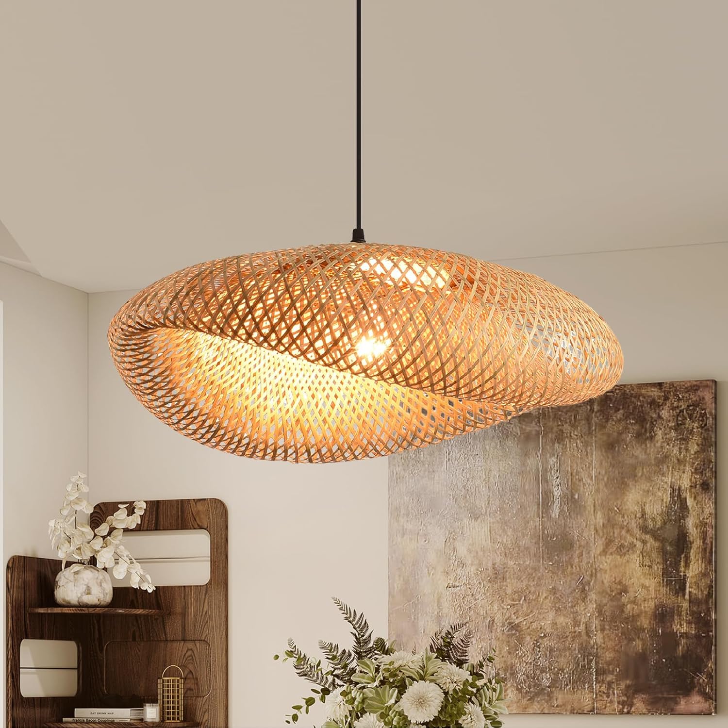 Alternative view of Boho Rattan Chandelier, Woven Bamboo Pendant Light for Farmhouse Dining Room