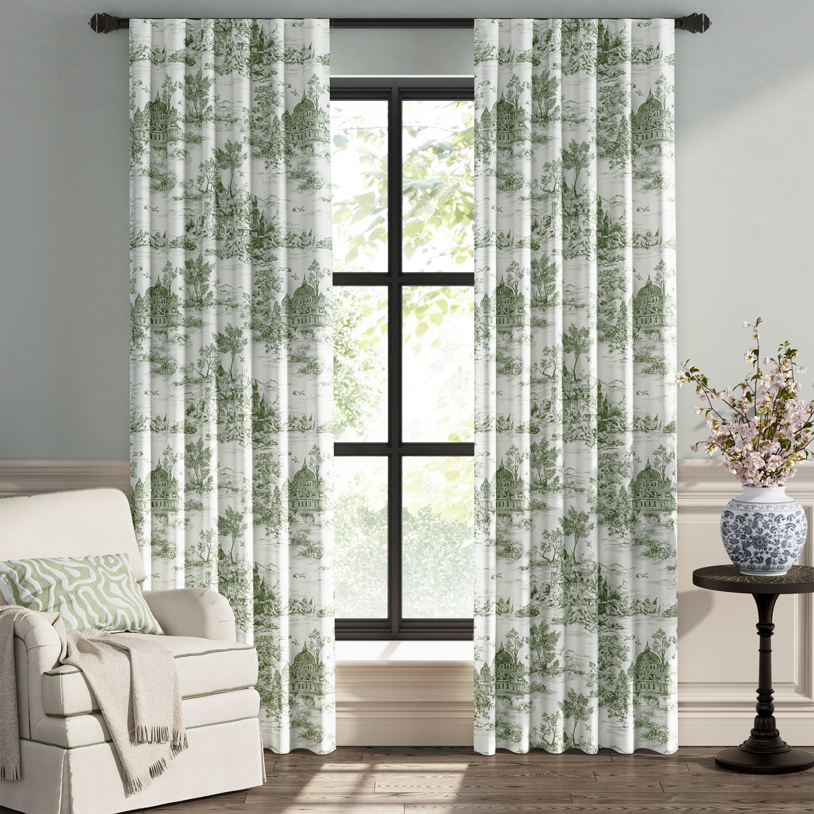 96"L X 50"W Blackout Toile Curtains, French Printed Light Blocking Drapes for Bedroom