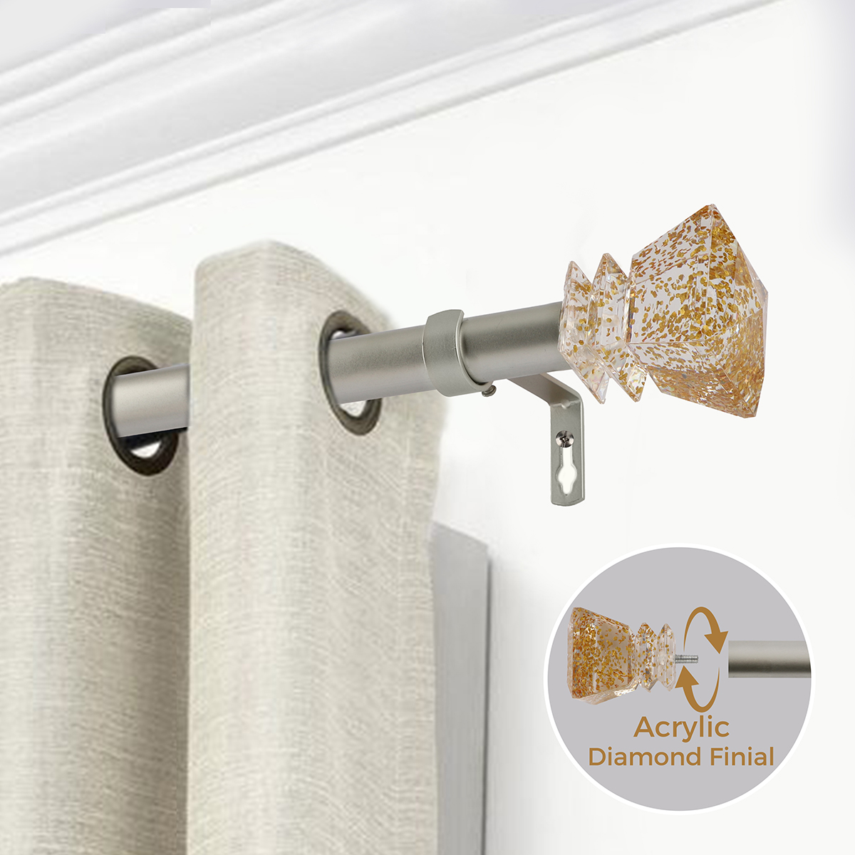 Alternative view of Luxury Gold Telescoping Curtain Rod Set with Crystal Diamond Finial