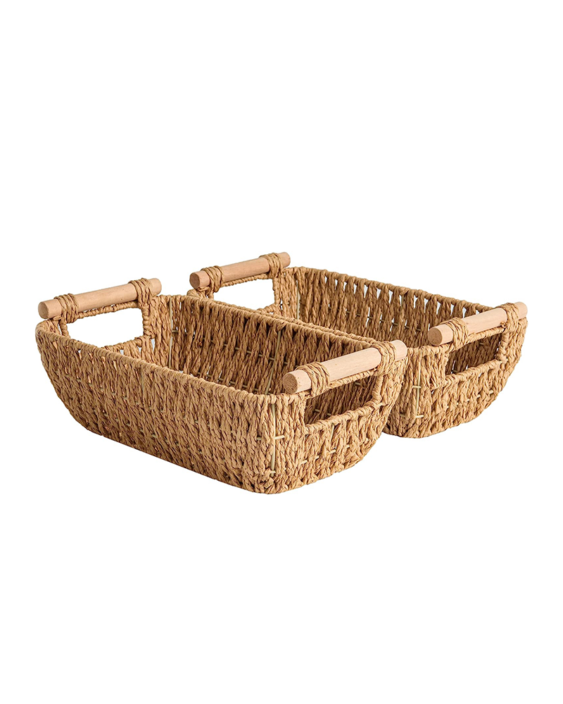 Hand Woven Small Wicker Basket with Wooden Handle - Circular Paper Rope Storage