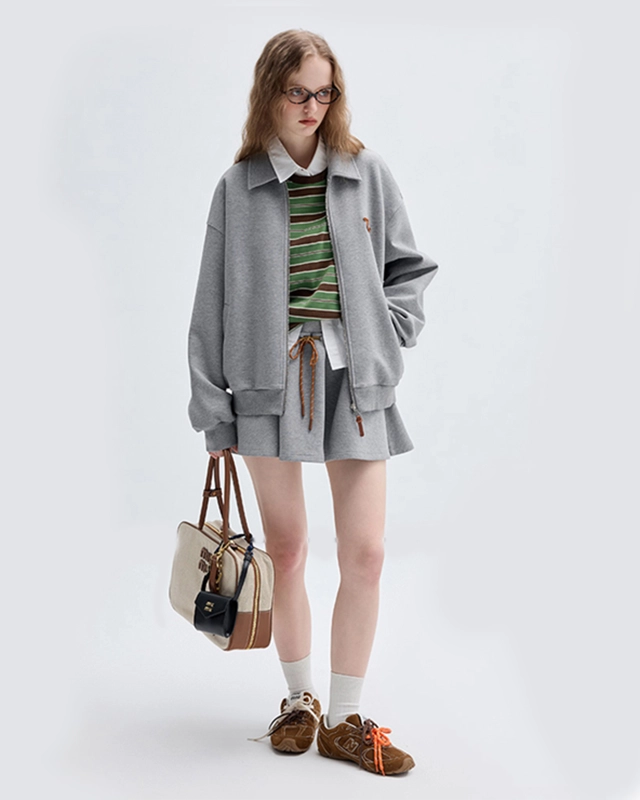 Alternative view of Two-Piece Casual Zip-Up Sweatshirt Set with Drawstring Miniskirt