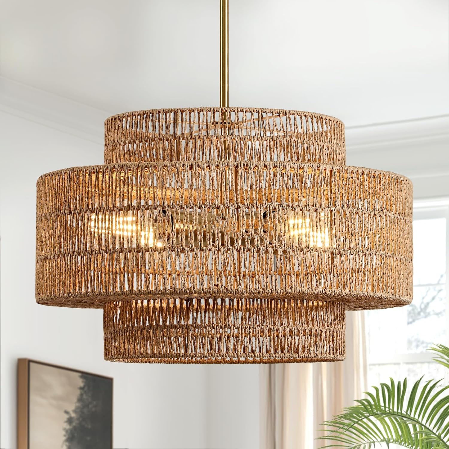 Alternative view of 4-Light Boho Rattan Chandelier - Hand Woven Farmhouse Pendant Light for Dining Room & Kitchen Island