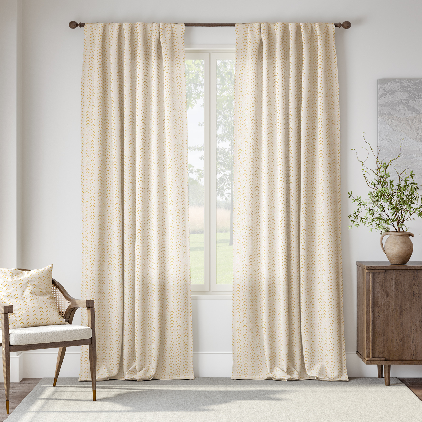 96" X 50" Boho Curtains with Valance, Herringbone Semi-Sheer Farmhouse Drapes