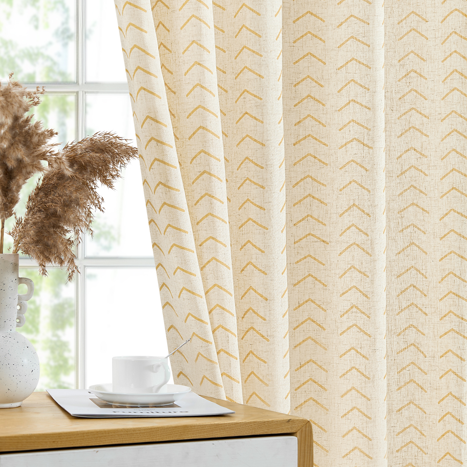 Alternative view of 96" X 50" Boho Curtains with Valance, Herringbone Semi-Sheer Farmhouse Drapes