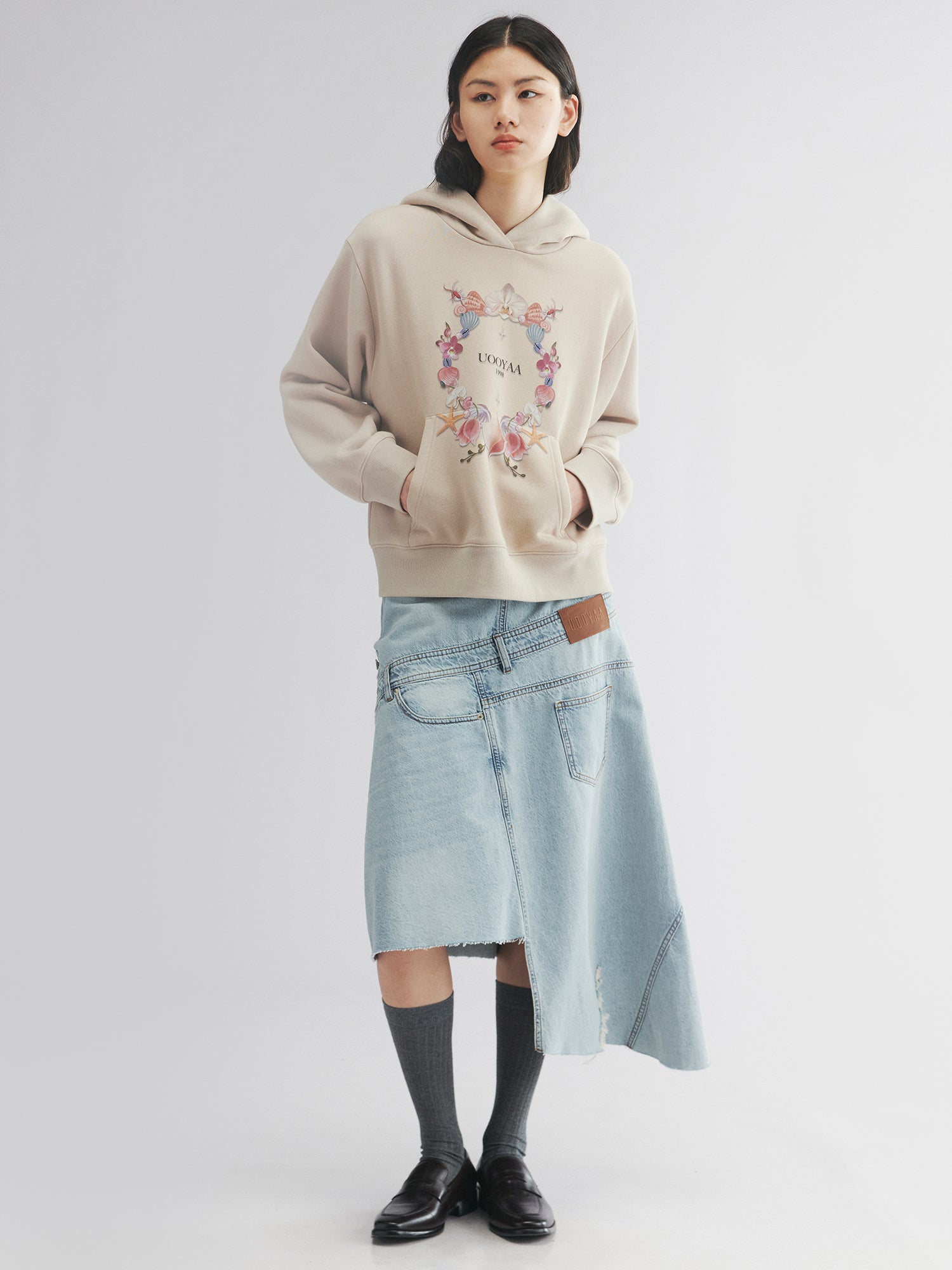Shell floral print hoodie-khaki