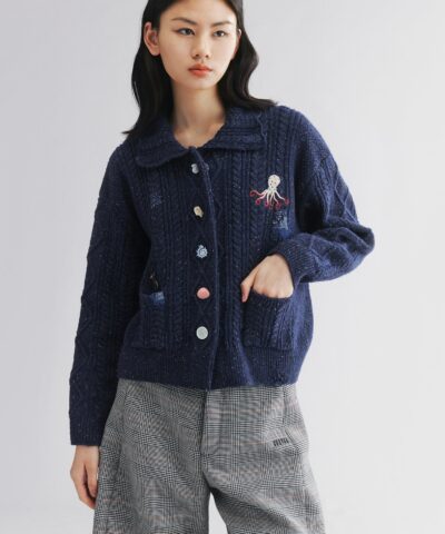 Cable knit collar cardigan