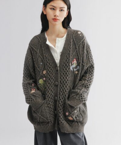 Cable knit collar cardigan