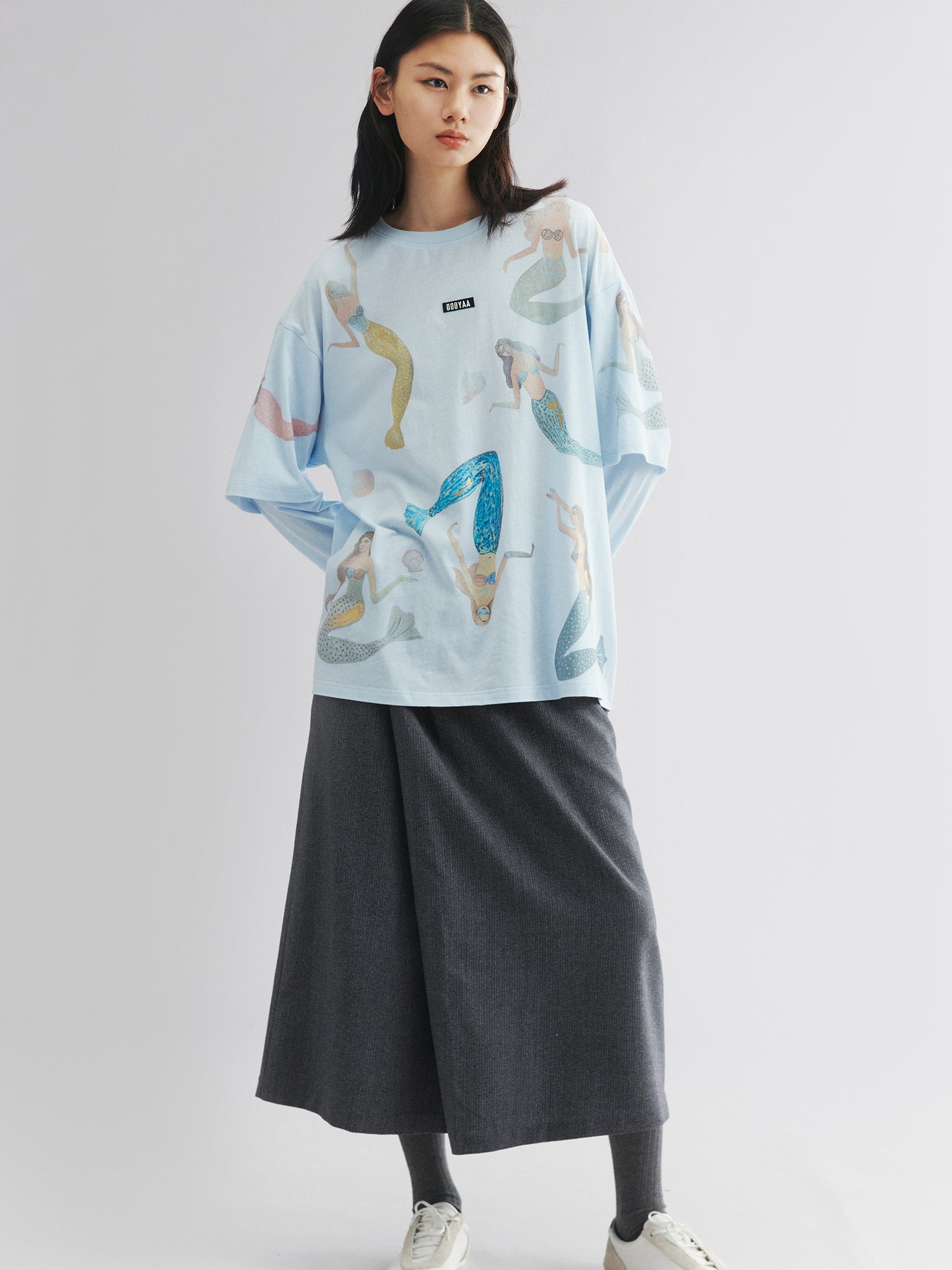 Mermaid print layered t-shirt-baby blue