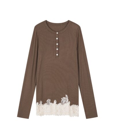 Lace hem henley t-shirt - Image 9