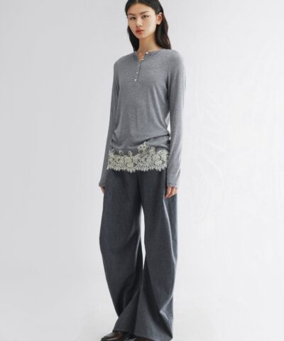 Lace hem henley t-shirt - Image 3
