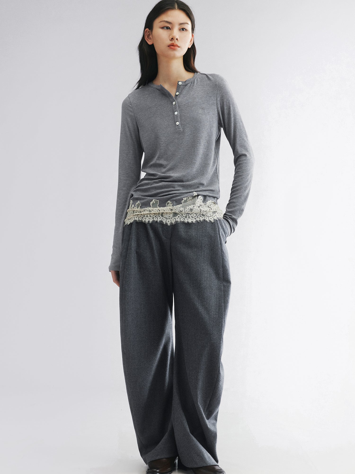 Lace hem henley t-shirt-grey