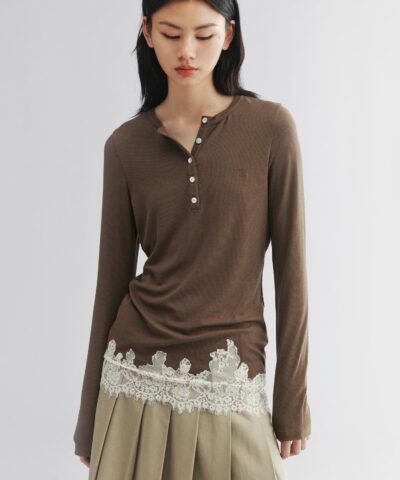 Lace hem henley t-shirt-brown
