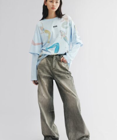 Vintage wash denim pants-denim grey