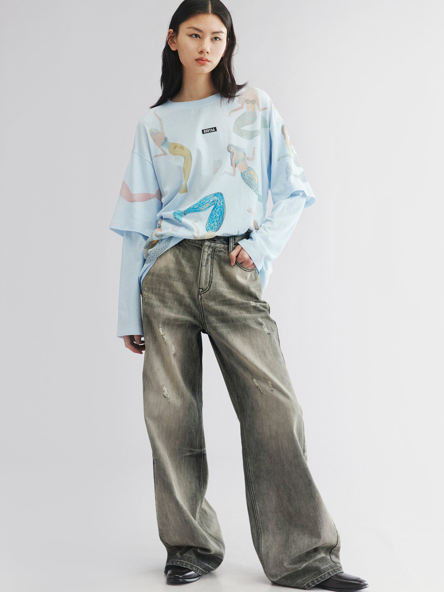 Vintage wash denim pants-denim grey