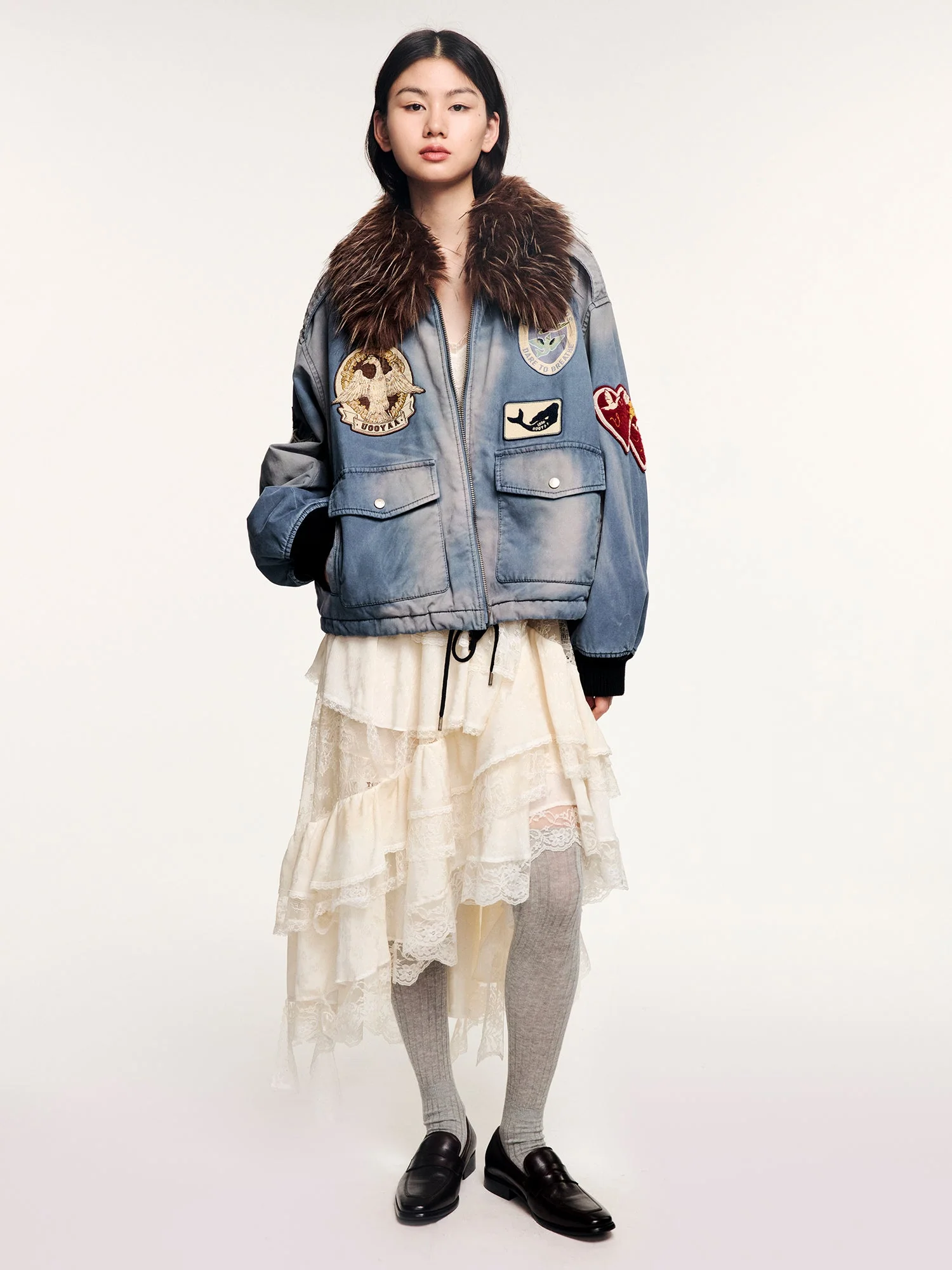 Alternative view of A2 Style Cotton Bomber with Patch Details