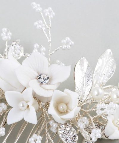 Abyjewelry Floral Silver Hair Comb Piece Pearls Headpiece 1