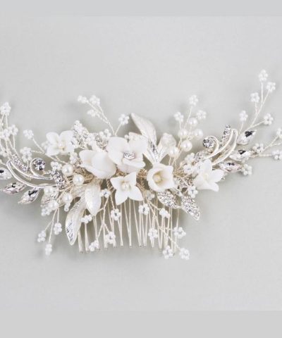 Abyjewelry Floral Silver Hair Comb Piece Pearls Headpiece 5