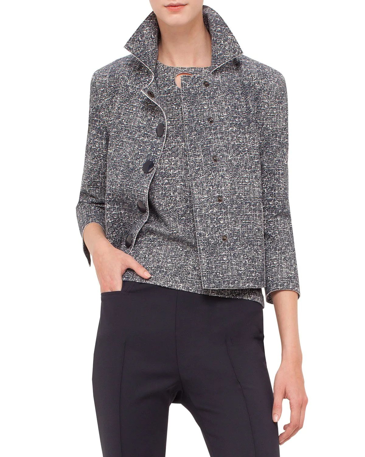 Akris punto 3/4-Sleeve Snap-Front Jacket, Navy/Cream-20227783